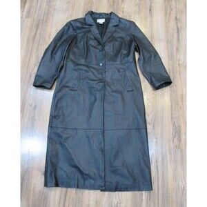 Vtg. 80's Newport News Full Length Trench Coat Womens 1X Black Leather Supple
